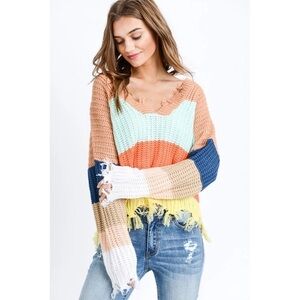 Miracle Women's V Neck Knitted Long Sleeve Striped Color Block Sweater size M/L